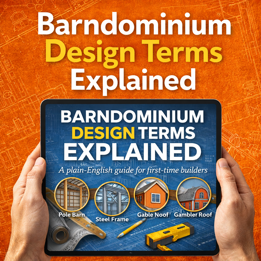 Blog cover "Barndominium Design Terms Explained" Picture has a dark orange background and a iPad with the title on it and small circles showing close ups of some of the terms.