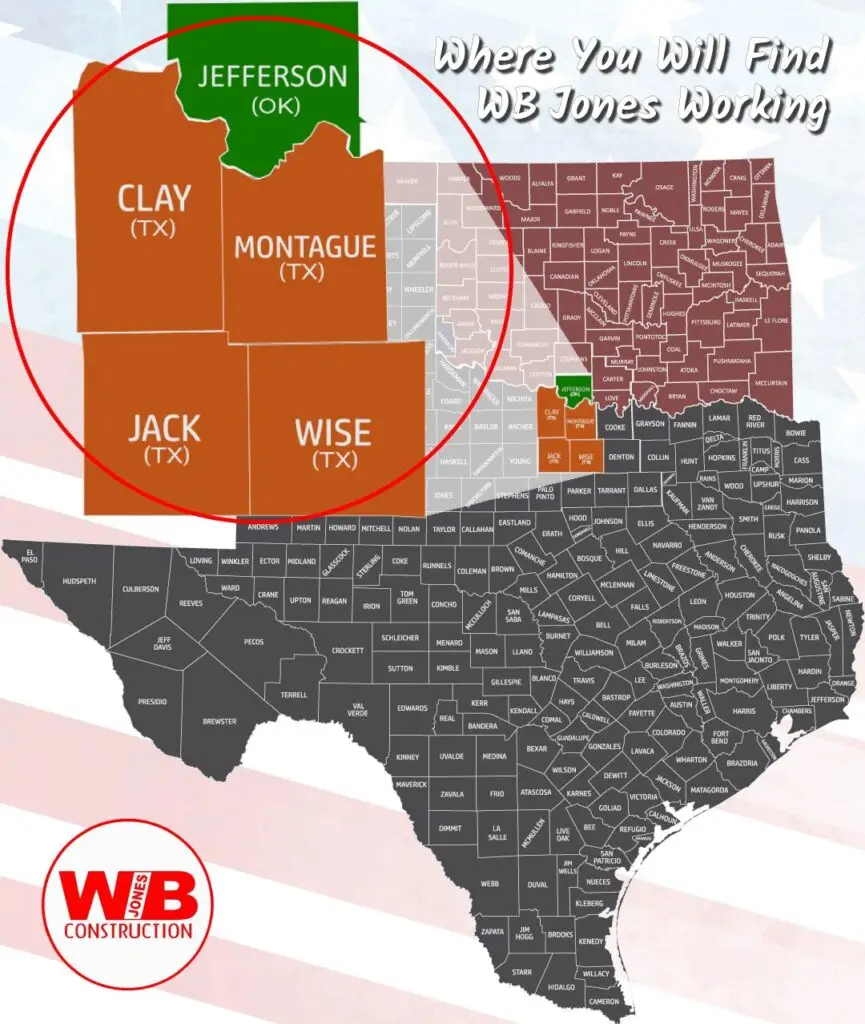 Where WB Jones works with texas map circling montague, wise, clay, jack, and Jefferson countys